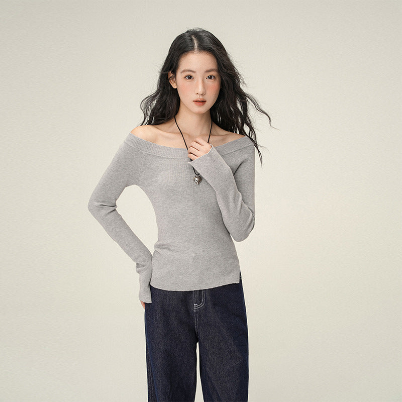 Pure Desire Oblique Angle Shoulder Soft Knit Sweater Base Shirt