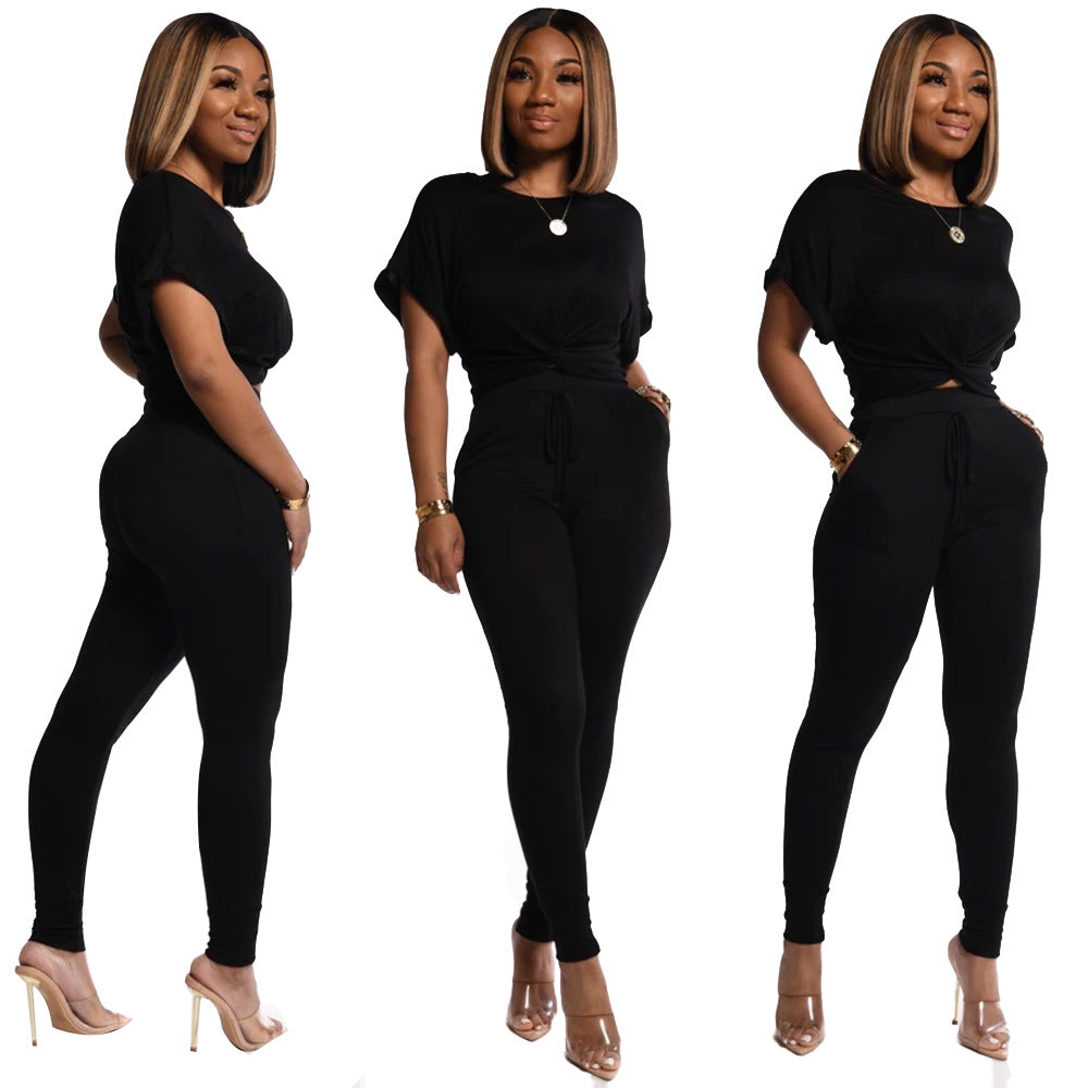 Solid Color Short-sleeved Pants Feature Sporty Casual Women's Suit