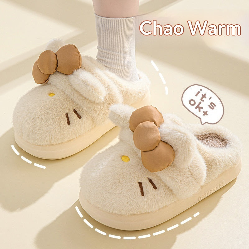 Instagram-Style Fluffy Cotton Slippers With A Cat And Bow Design For Cozy Warmth