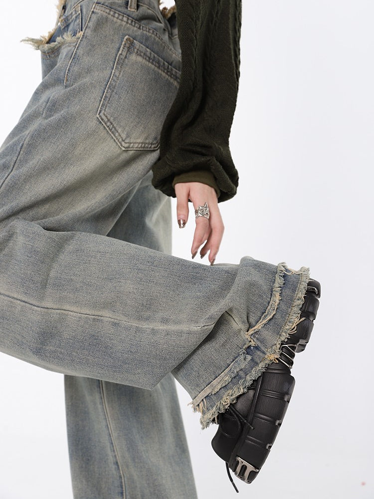 American High Waist Straight Wash Made Old Jeans Women