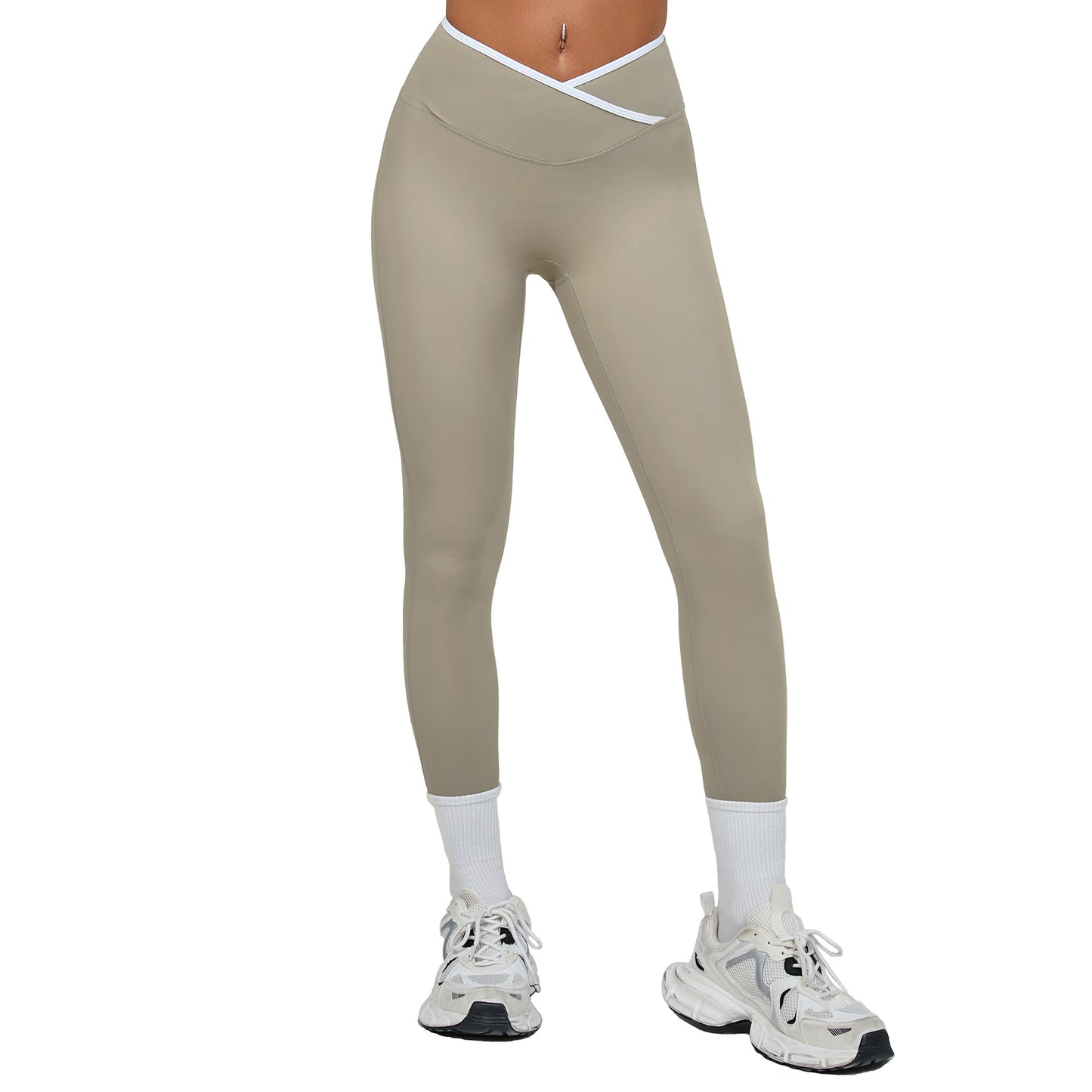 Bare-feel Tight Cross-over High-waist Contrast-color Leggings