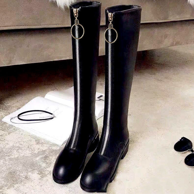 Women's Knee High Heel Zipper Front Boots And Suede Leather