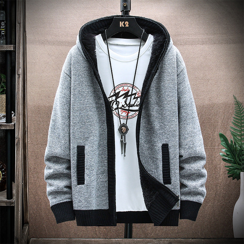 New Men's Hooded Plus Fleece Sweater Coat Youth Casual Solid Color Cardigan Knitted Sweater