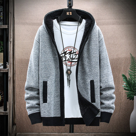 New Men's Hooded Plus Fleece Sweater Coat Youth Casual Solid Color Cardigan Knitted Sweater