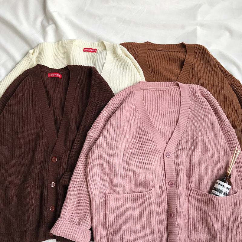 Single Breasted V-Neck Pocket Loose College Jacket