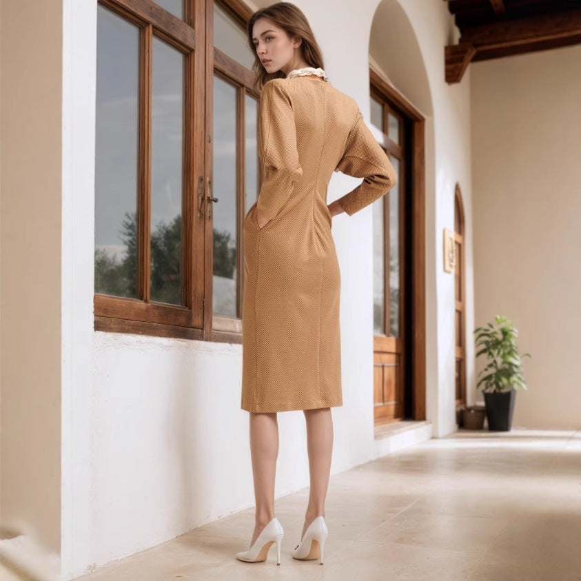 Retro-inspireret Elegant Rundhalset Langærmet Kjole med Vridningsdetalje