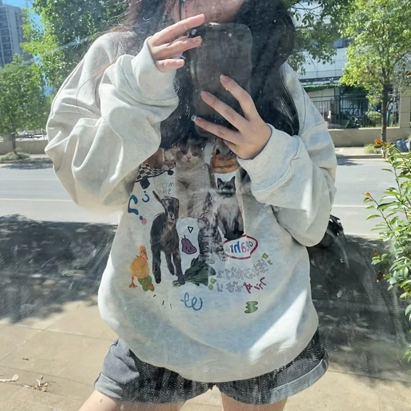 Mælk Kat Trykt Sweatshirt Efterår Vinter Langærmet Mode