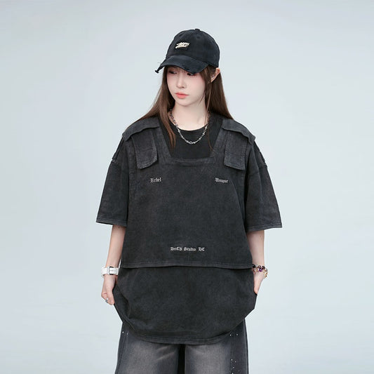 American Washed Distressed Design Fake Two-piece Structure Embroidery Short Sleeve
