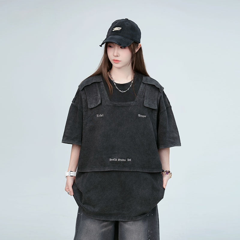 American Washed Distressed Design Fake Two-piece Structure Embroidery Short Sleeve