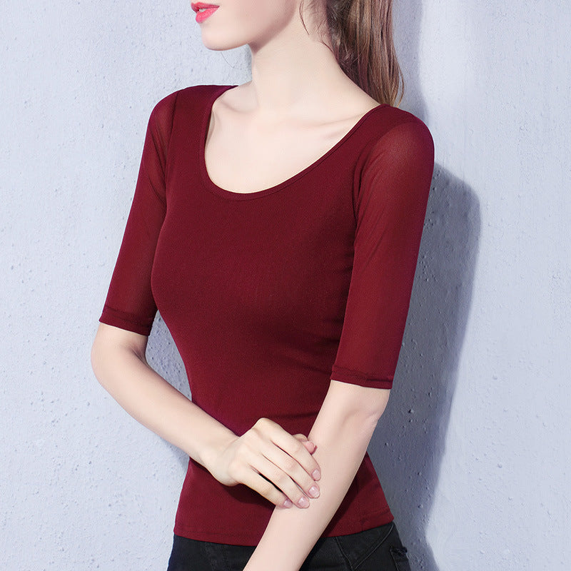 Elegant Langærmet Mesh T-shirt til Kvinder Ensfarvet Taljestretch Top