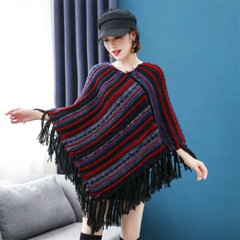 Striped wool fringe diamond hem women's shawl