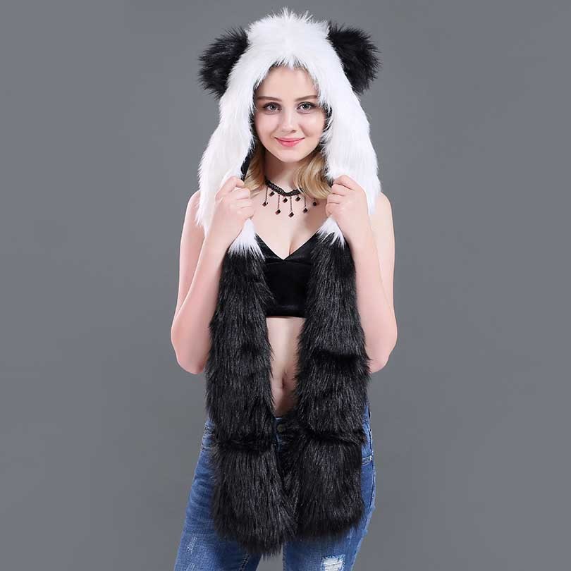 Faux Fur Strå Tegneserie Dyrehat Tørklæde Handsker Én