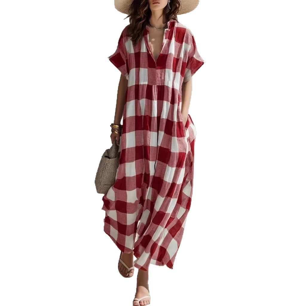 Plaid V-neck Long Cotton-Linen Dress