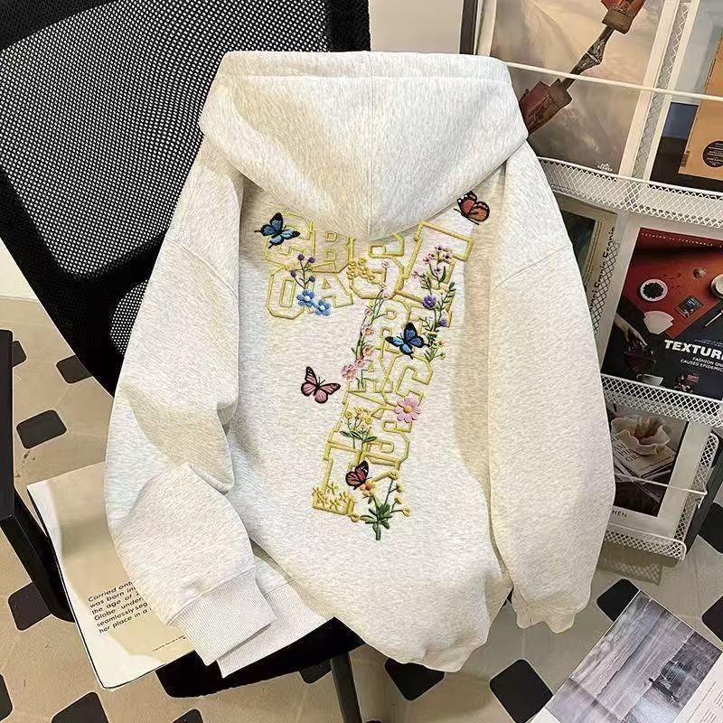 Korean-style Designer Floral And Letter-printed Hooded Sweatshirt With Silver Fox Velvet Finish