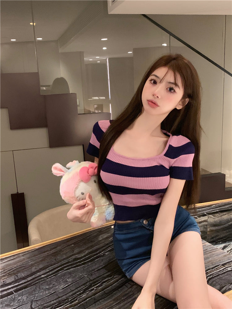 Women's Summer Ice Silk Striped Short Sleeve Knitted Sweater