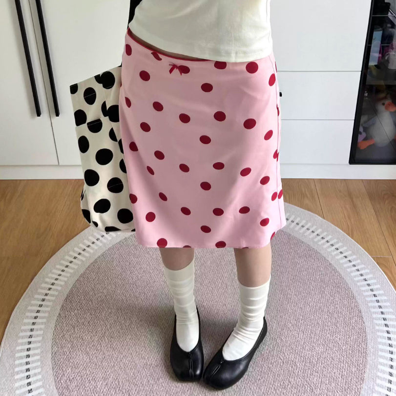 Red Wave Point Straight Skirt Women's Bow Mid Skirt