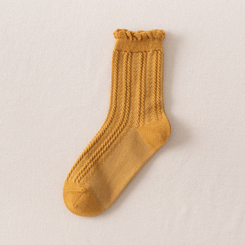 Autumn Japanese Solid Color Ins Lace Bubble Cotton Breathable Mid-calf Socks