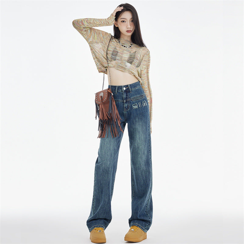 Dame Straight Jeans Mørkeblå Broderede Bogstaver