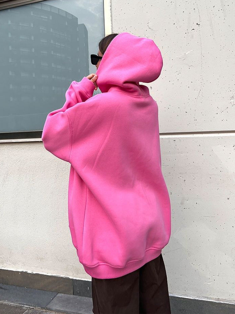 Street Boyfriend Style Polarfleece Løs Hættetrøje med Lommer