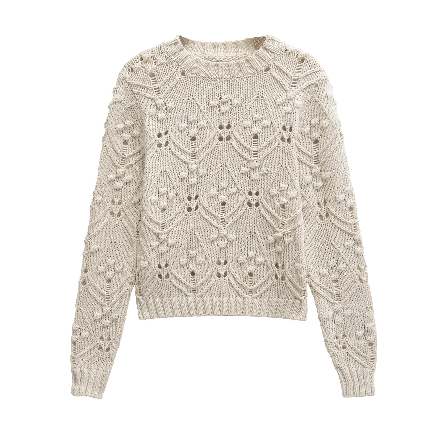 Damemode Strikket Sweater med Rund Hals og Hulmønster
