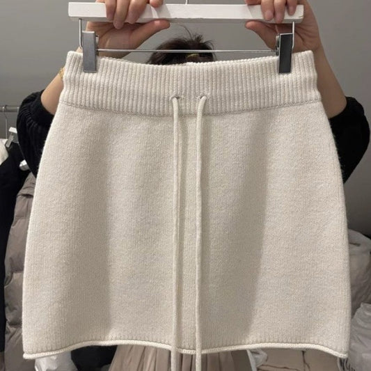Western Style Elastic Waistband Lace-up Knitted Skirt