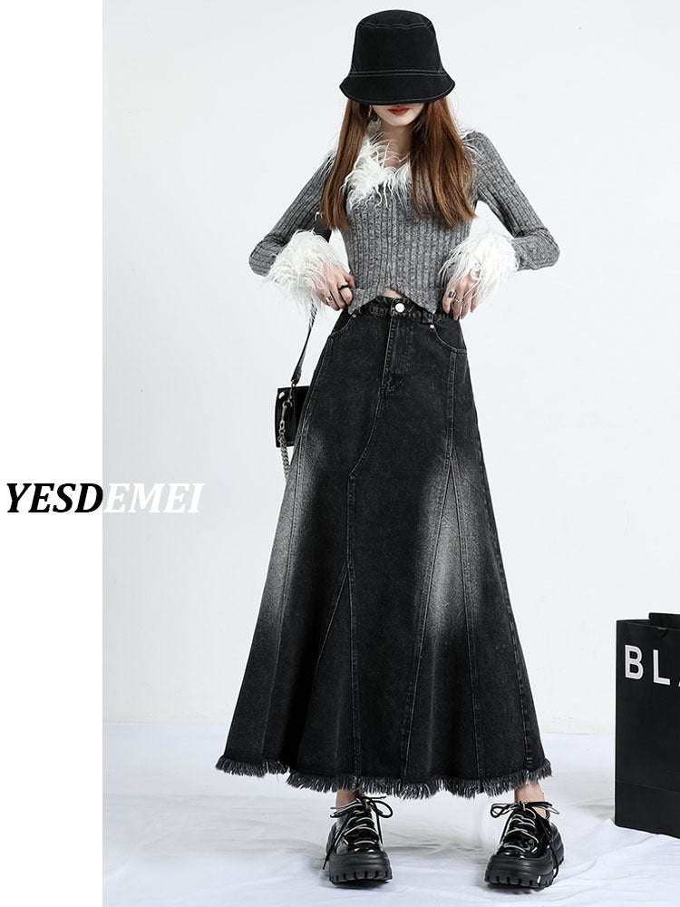 Black Denim Skirt Women's Irregular Mid-length A- Line Version Burrs Slimming