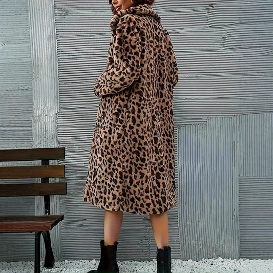 Mode løs afslappet mellemlang pels leopardprint frakke jakke trenchcoat