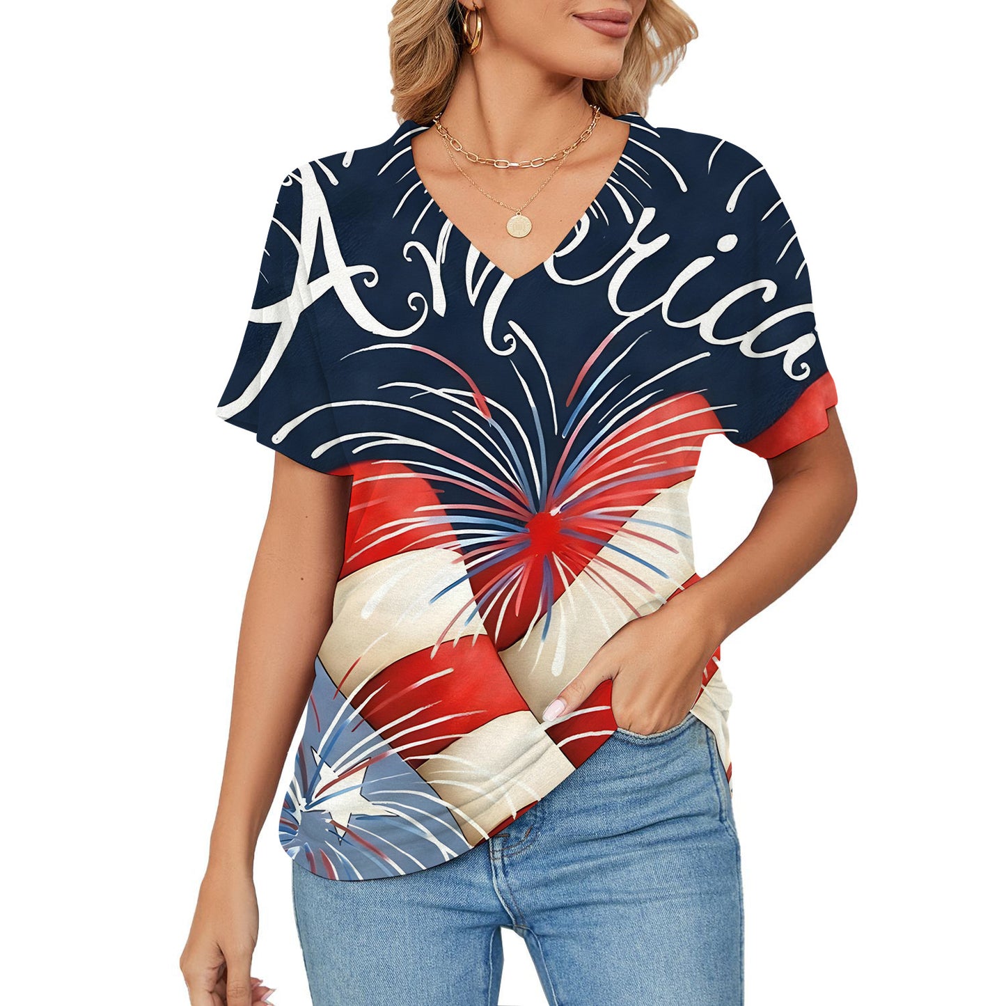 Women's T-shirt, Natural Plant And Floral Print, Casual V-neck Short Sleeves