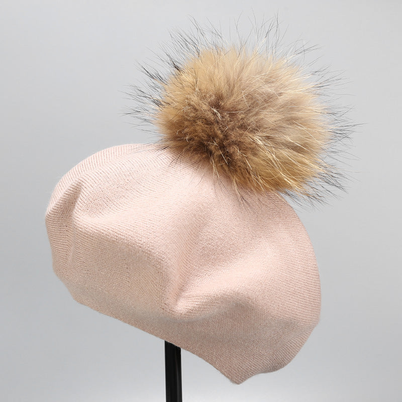 Ins Hat New Real Hair Ball Beret Women