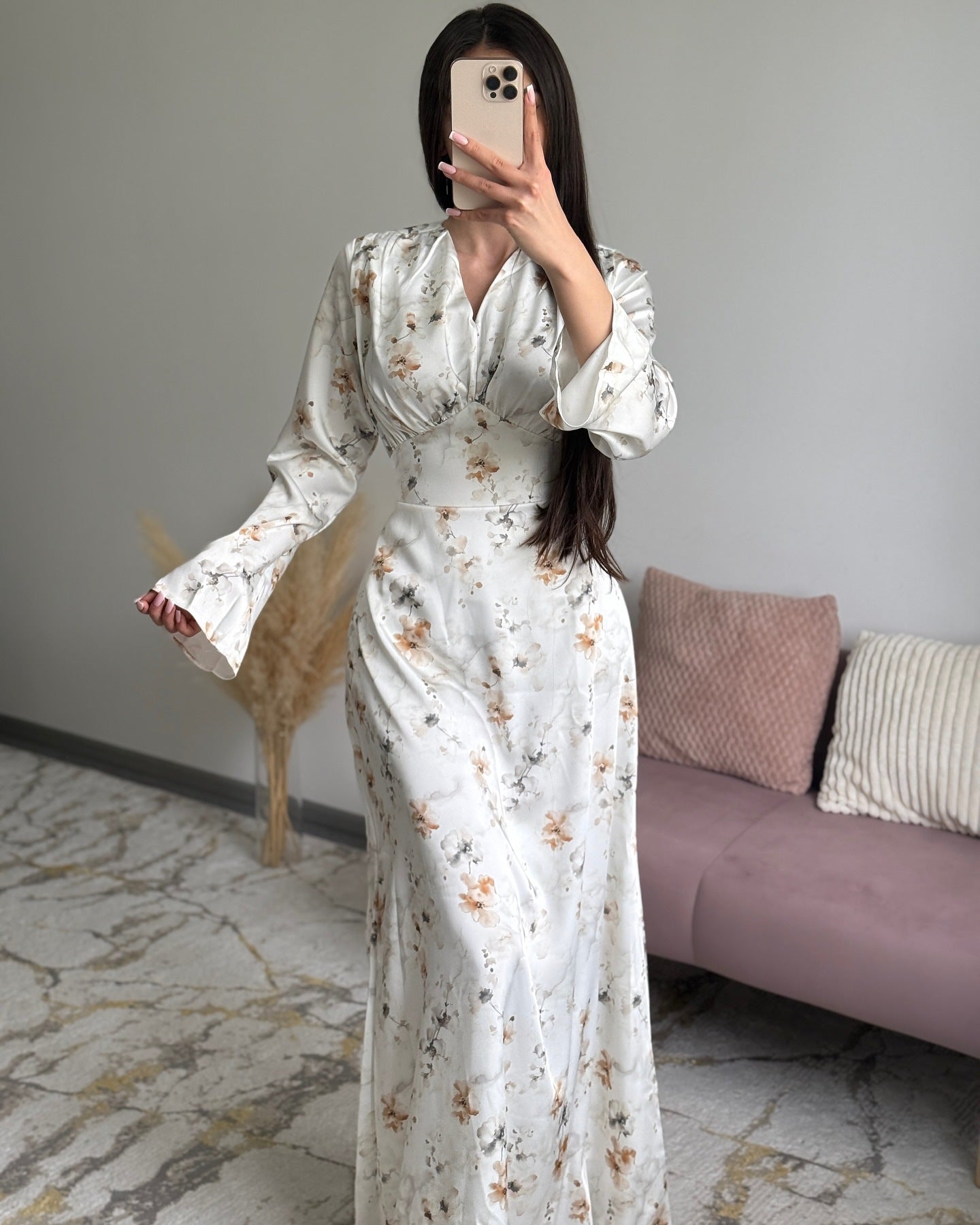 European And American Spring High-End French-Style V-Neck Satin Printed Maxi Dress