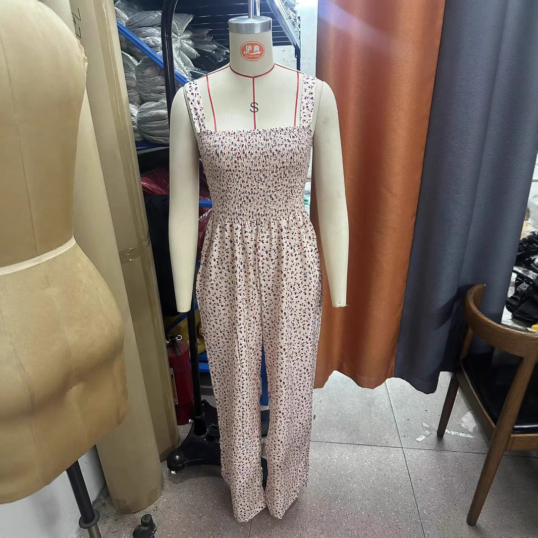 Printed Pleated Pocket Overalls With Straps