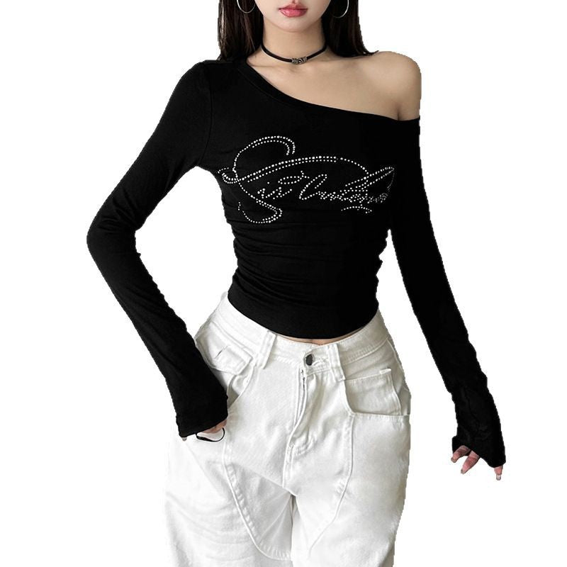 New Trendy Off-shoulder T-shirt With A Slash Neckline And Letter Detailing
