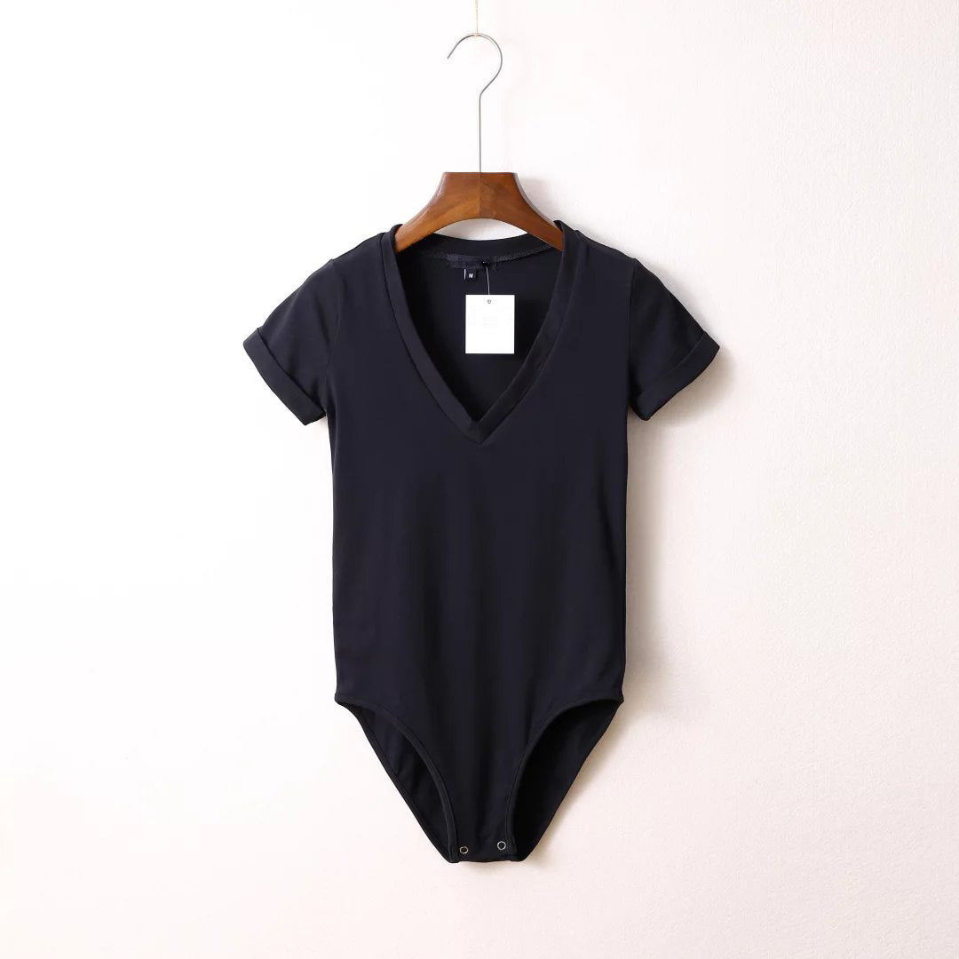 Women's Fashion Solid Color Stretch Slim V-neck Short Sleeve Rompers