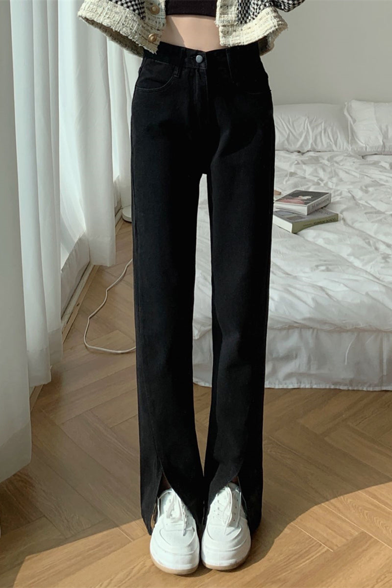 Split Black Jeans High Waist Micro Flared Small Straight Leg