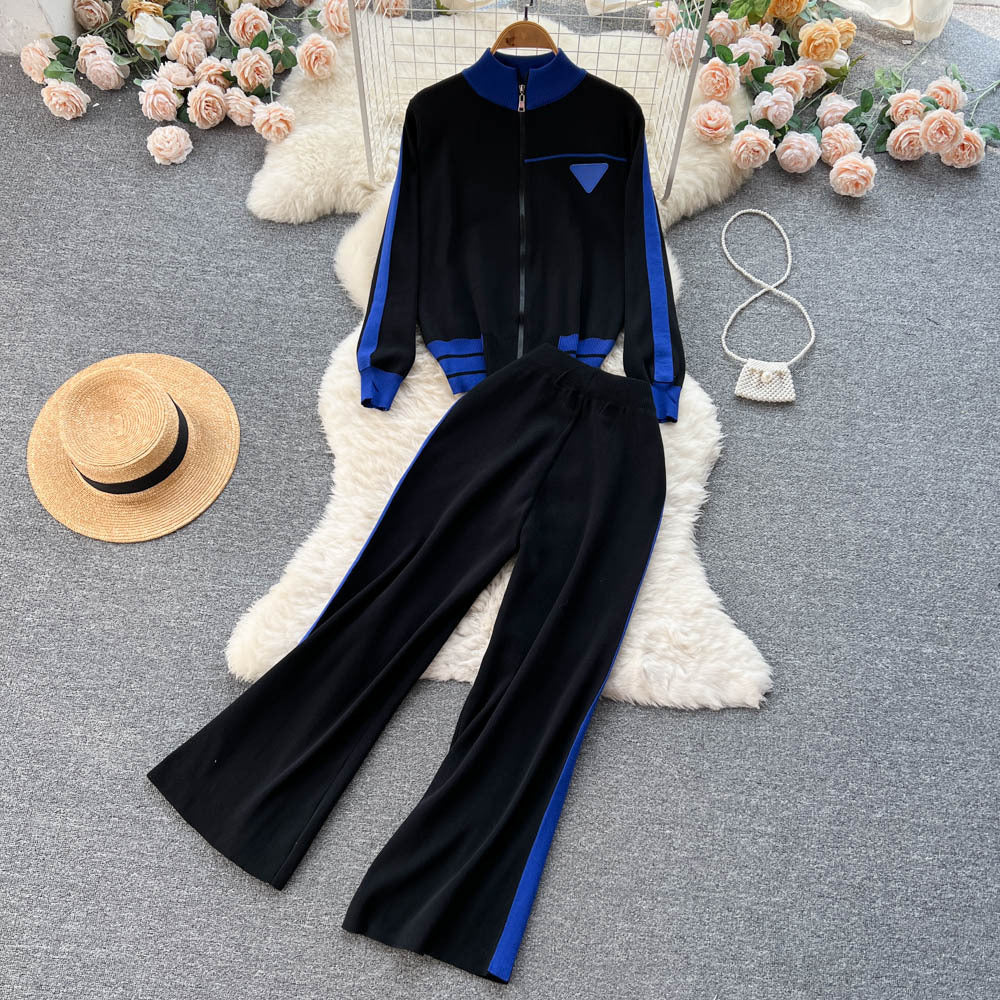 Athletic Contrast-color Long-sleeve Baseball Jacket And Casual Pants Set