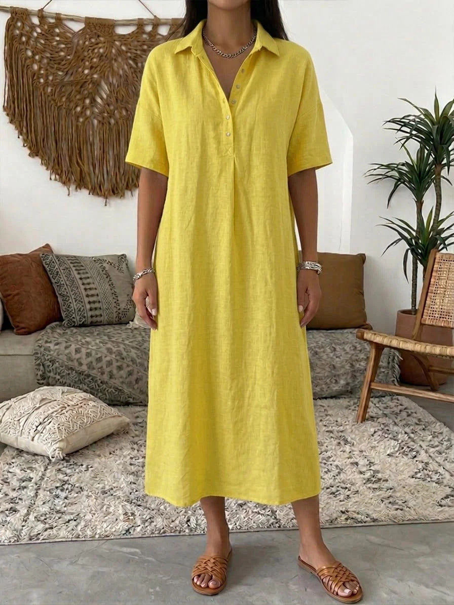 Straight-cut Comfortable Linen Short-sleeve Dress With A Polo Collar