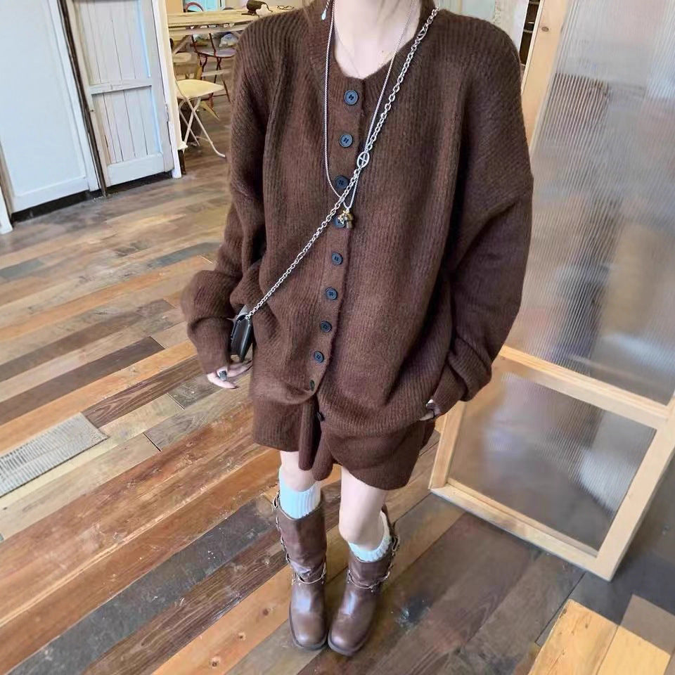 Womens Knitted Two-piece Set Solid-color Skirt And Sweatercardigan Jacket