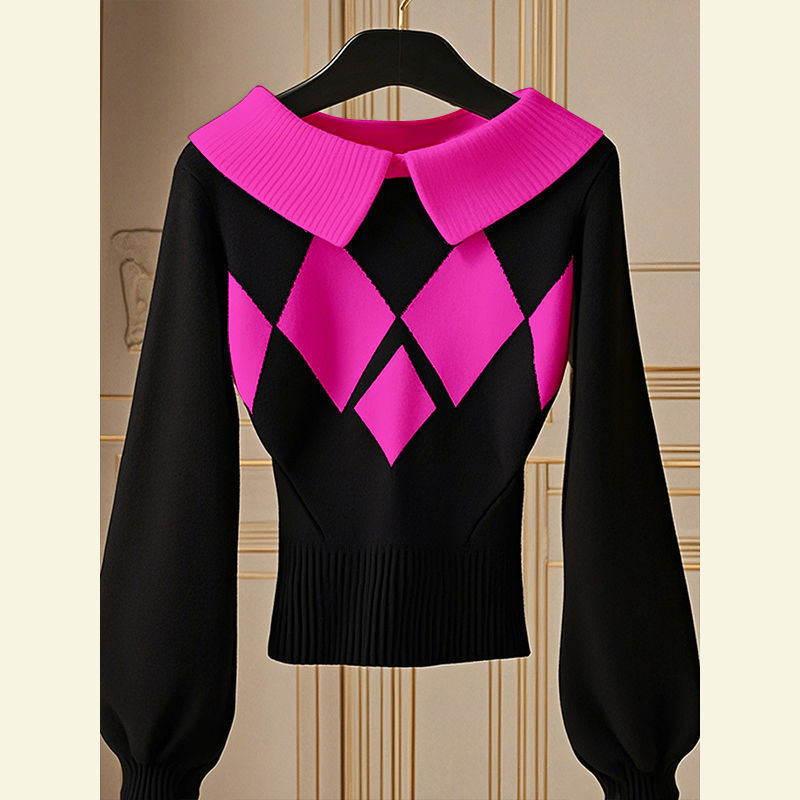 European Goods Western Style Unique Chic Niche Idle Style Black Diamond Plaid Sweater