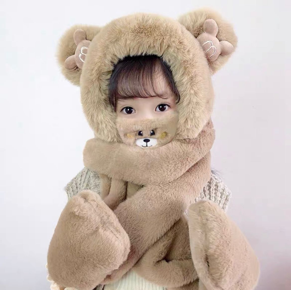 Children's Hat Scarf Gloves One-piece Hat