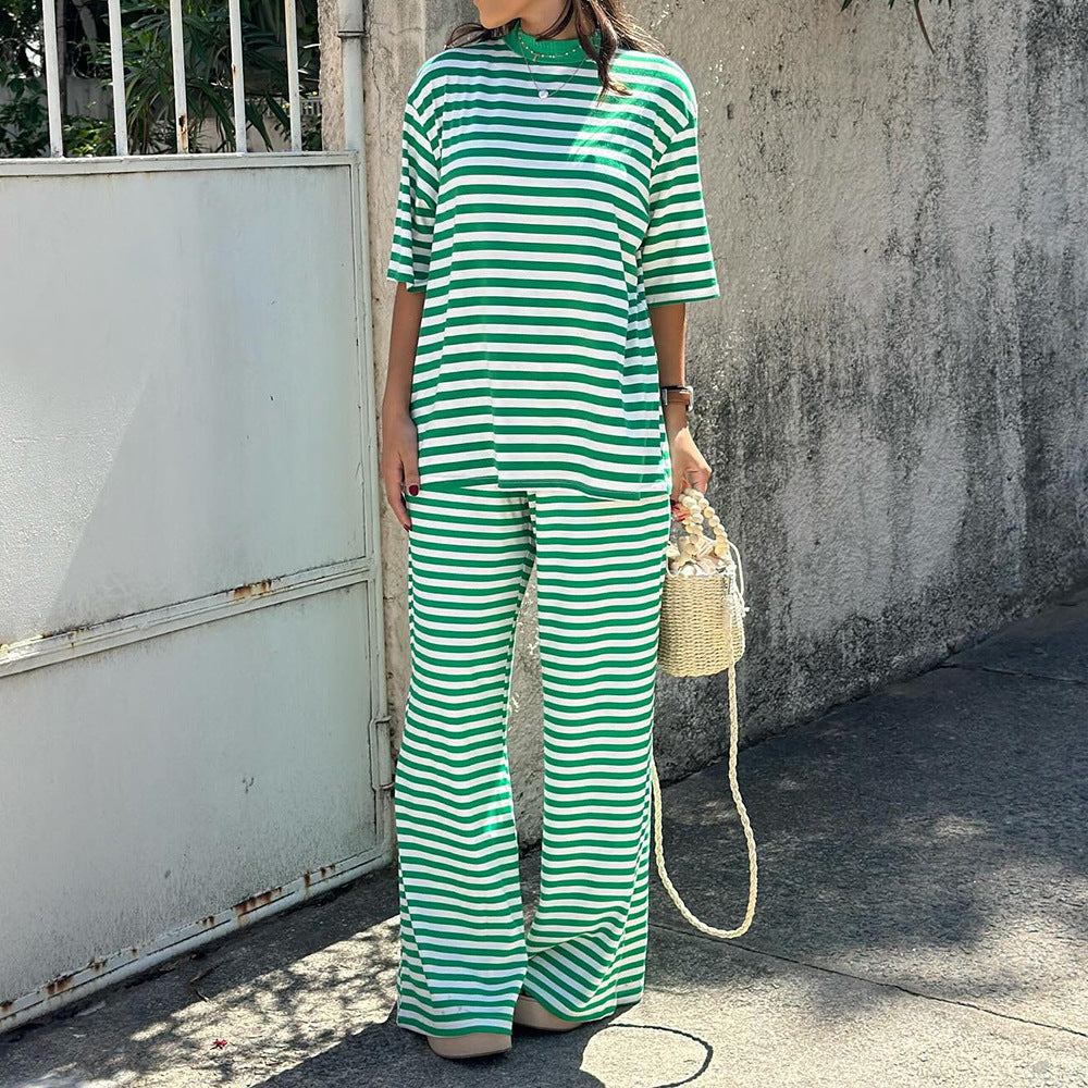 Striped Short Sleeved Long Pants Two-piece Set