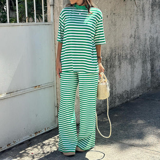 Striped Short Sleeved Long Pants Two-piece Set
