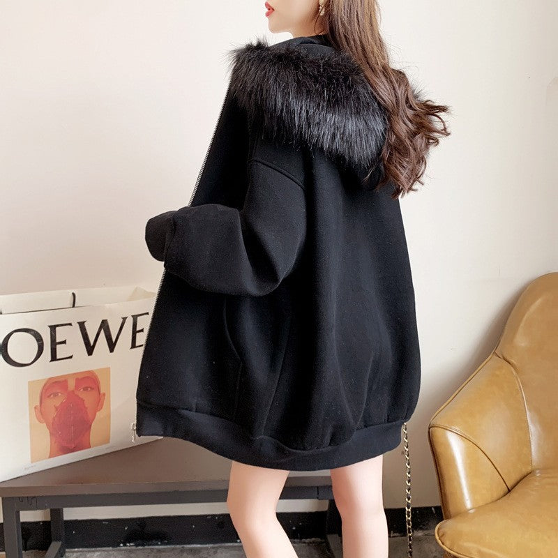 Plus Size Fleeceforet Tykkere Hættetrøje Cardigan Løst Design