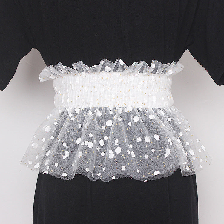 Glitter Polka Dot Mesh Pleated Elastic Waist Metal Double Buckle Wide Belt Girdle