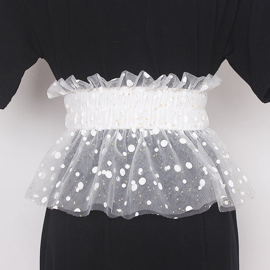 Glitter Polka Dot Mesh Pleated Elastic Waist Metal Double Buckle Wide Belt Girdle