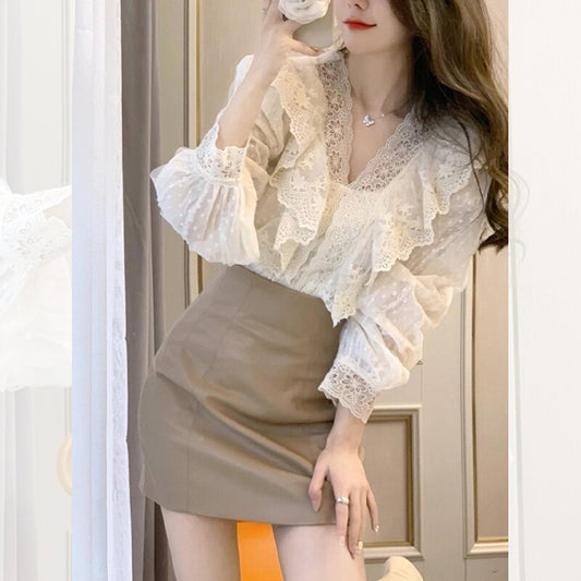 Korean-style Womens Lace Ruffled Puff Sleeves