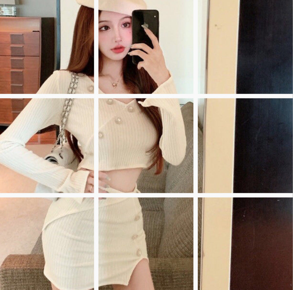 Early Autumn Pearl Button Short Top And Sheath Skirt Set