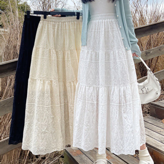 New French Style Retro Elastic Waist Pure Cotton Embroidery Long Dress