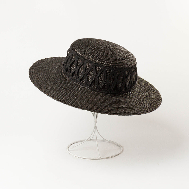 New Grid Decoration Flat Top Straw Straw Hat Outdoor Sun Protection