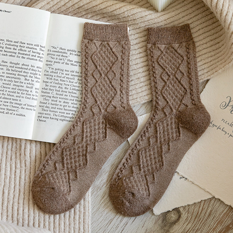 Female Solid Color Peplum Simple Wind Japanese Retro Autumn And Winter Dark Pattern Diamond Plaid Medium Tube Mori System Socks