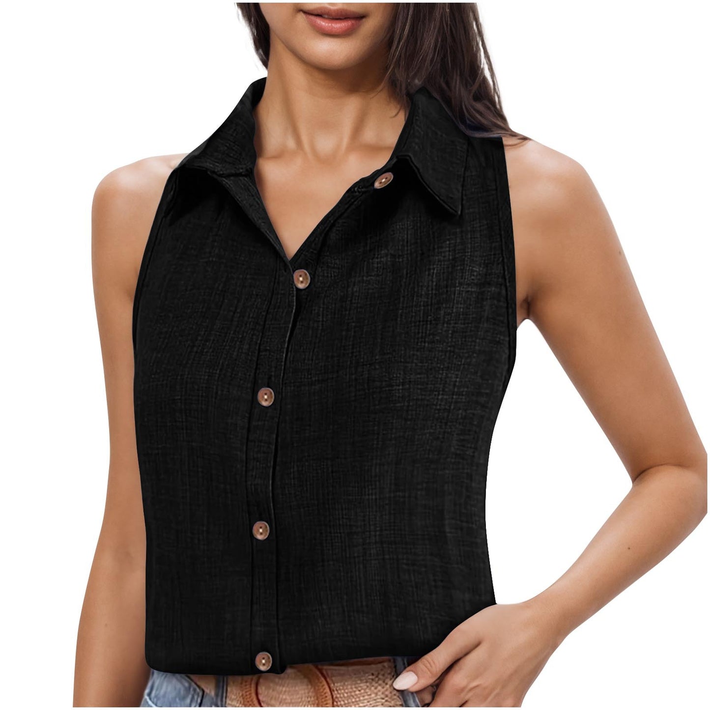 Lapel Cotton Linen Button Sleeveless Shirt Women's Clothing